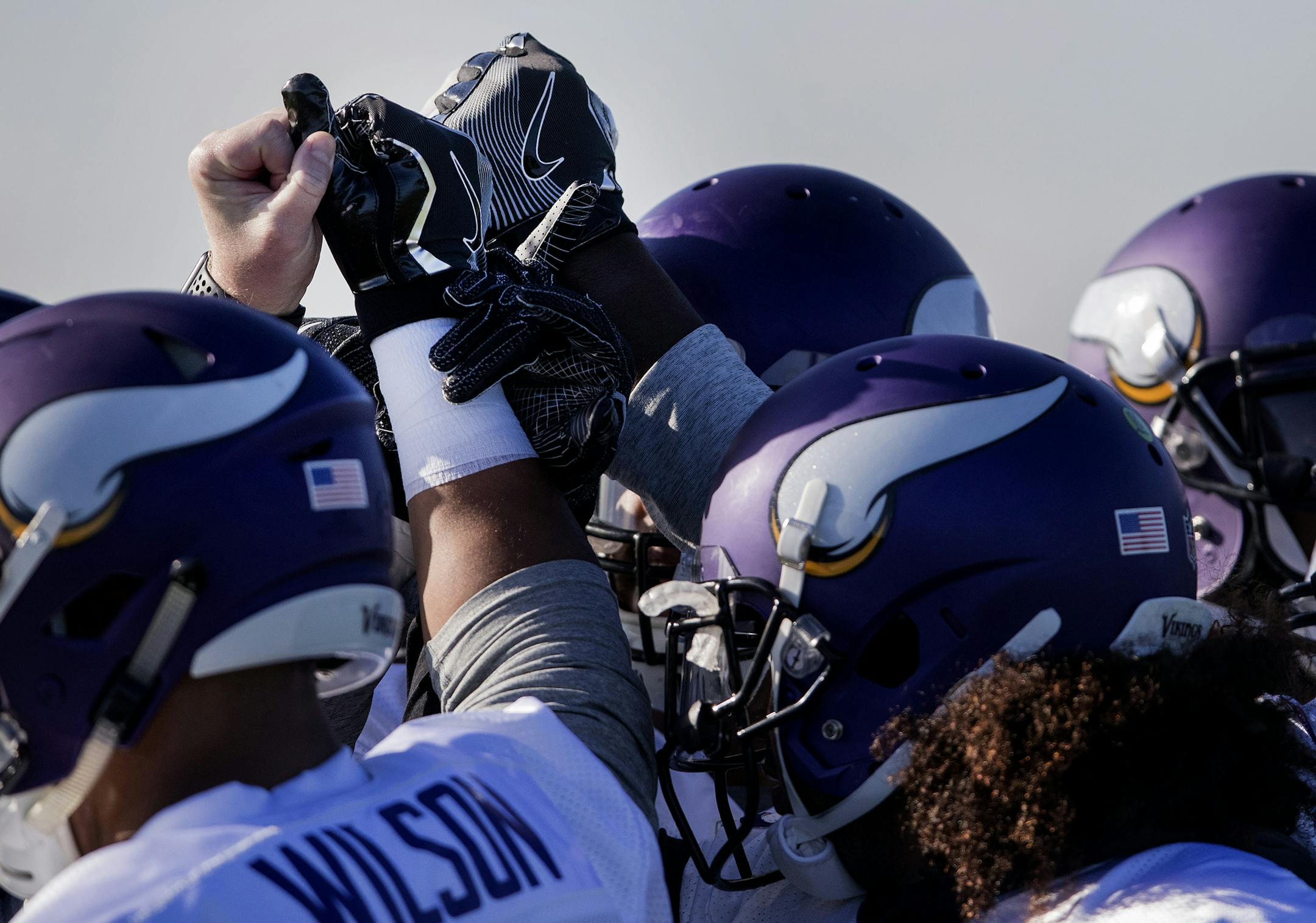 Minnesota Vikings linebackers huddled up during a practice at the London Irish Training Ground in perpetration for a game vs. the Cleveland Browns. ] CARLOS GONZALEZ • cgonzalez@startribune.com - October 27, 2017, London, England, UK, NFL, Minnesota Vikings vs. Cleveland Browns, Practice, London Irish Training Ground