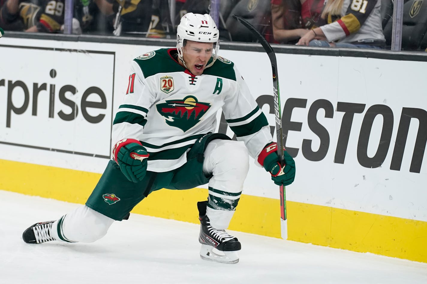 Minnesota Wild left wing Zach Parise (11) celebrates after scoring against the Vegas Golden Knights during the first period of an NHL hockey game Monday, May 24, 2021, in Las Vegas. (AP Photo/John Locher)