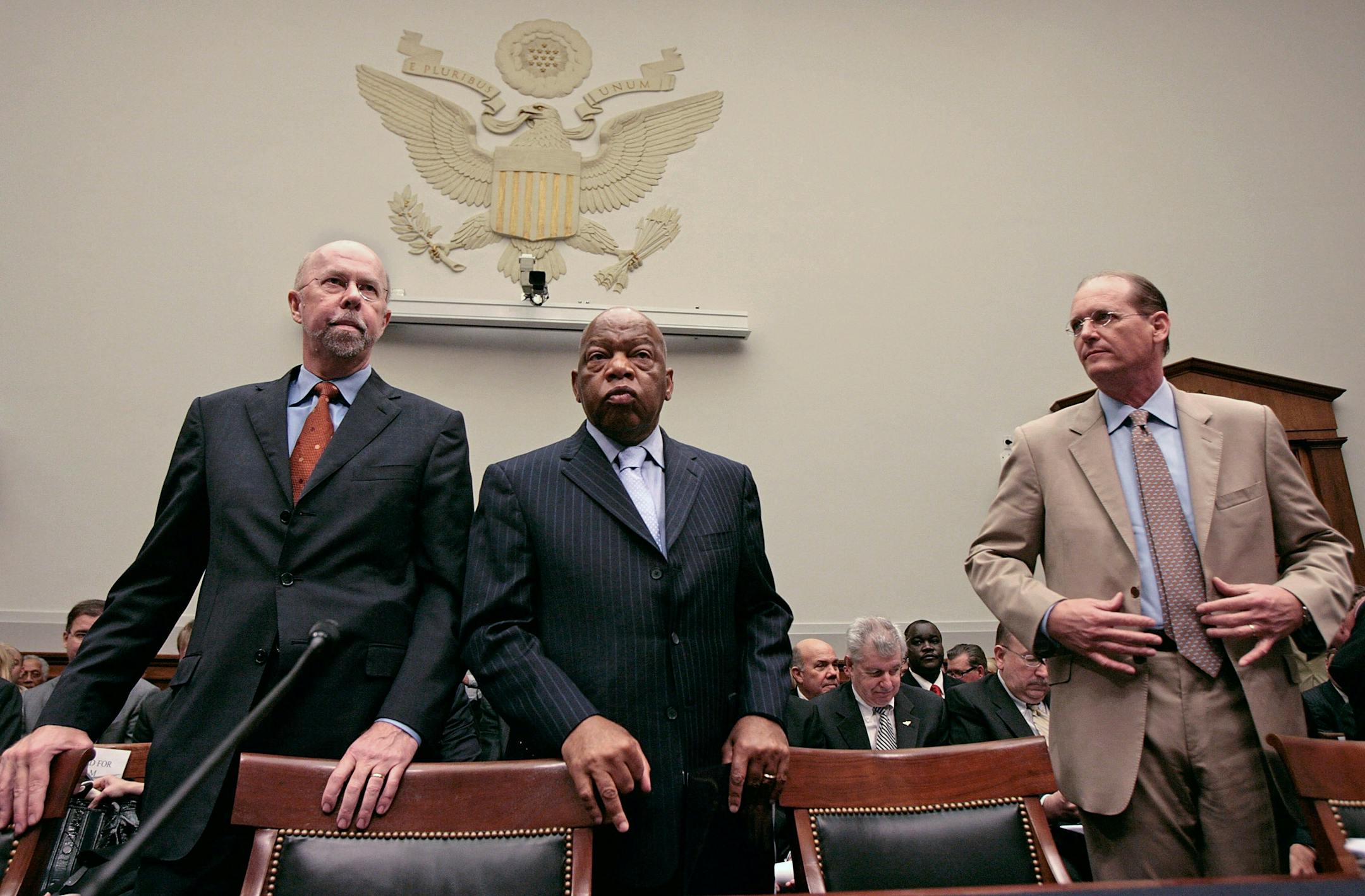 Northwest CEO Douglas Steenland, left, and Delta CEO Richard Anderson, right, stood with Rep. John Lewis, D-Ga., during testimony on the proposed merger of the two carriers. Steenland said NWA employees in the Twin Cities "can be confident that their jobs are in good hands."