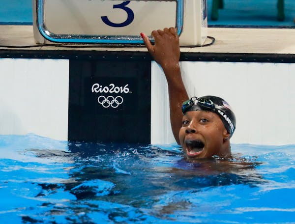 Simone Manuel of the U.S. after she tied Penny Oleksiak of Canada for gold in the women's 100-meter freestyle in Rio.