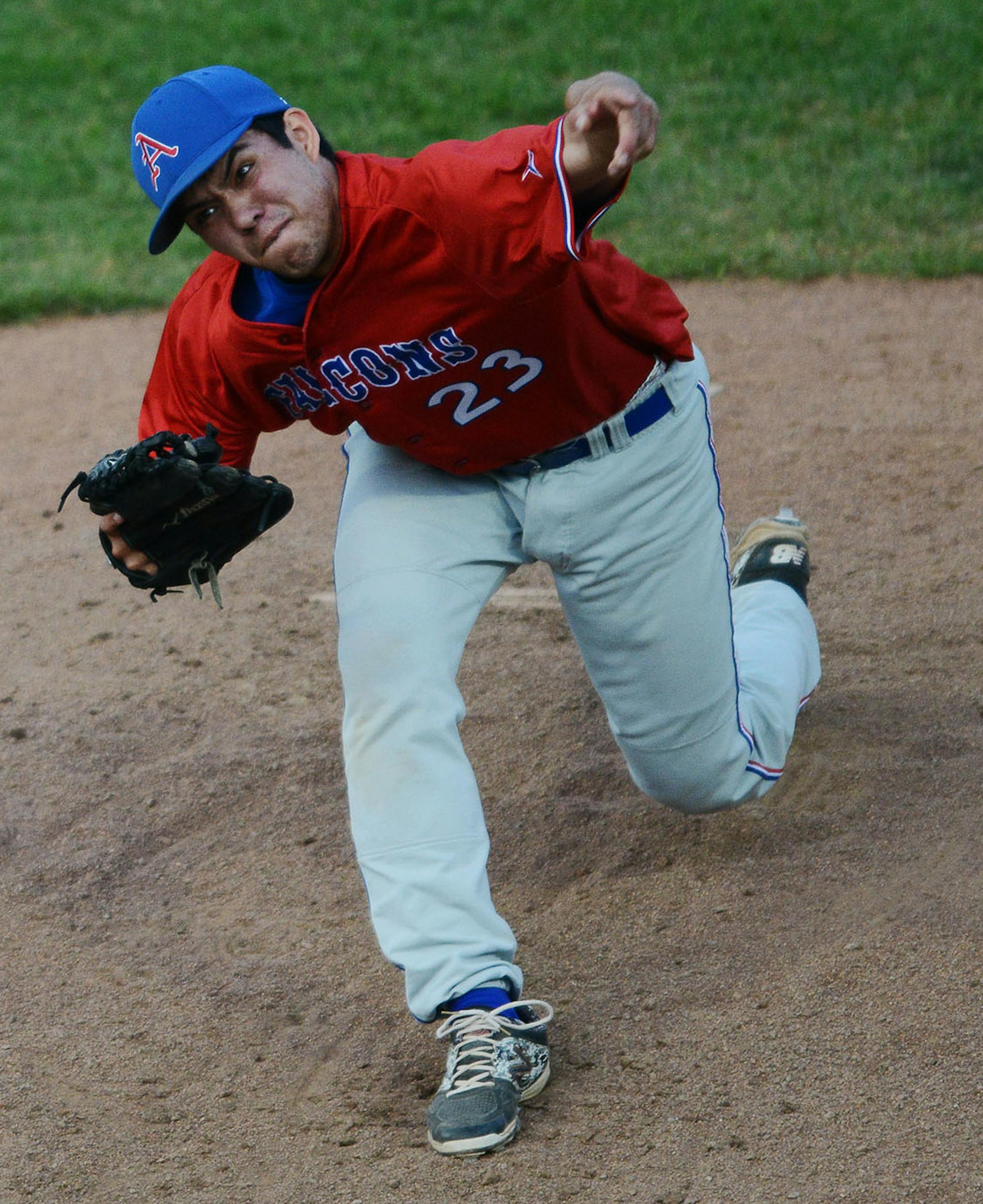 Armstrong's Jordan Kuznia pitched in the bottom of the first inning Friday evening in St. Paul. ] RACHEL WOOLF ï rachel.woolf@startribune.com Armstrong met Mahtomedi in a baseball tournament quarterfinal game at CHS Field in St. Paul Friday evening, June 12, 2015.