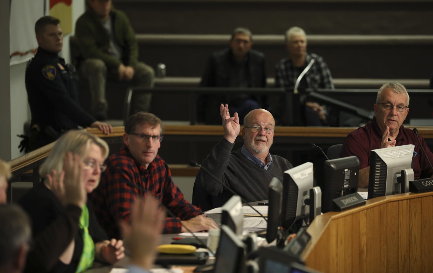 After rejecting a resolution calling for a moratorium on refugee resettlement, the City Council voted 6-1 to affirm St. Cloud as a welcoming community for all. The resolution was authored by council member Jeff Goerger, second from right. ] JEFF WHEELER &#xef; jeff.wheeler@startribune.com The City of St. Cloud City Council voted down a resolution recommending a moratorium on the resettlement of refugees during their regular meeting Monday night, November 6, 2017.