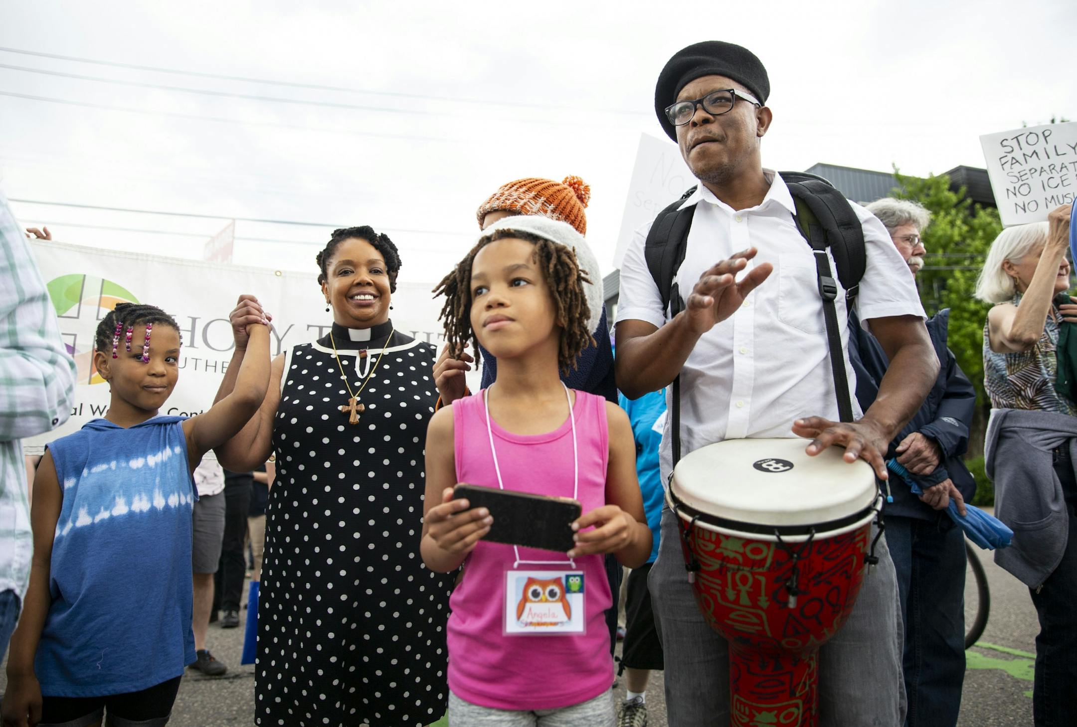 Benhi Khabed plays the drums as he marches with his family and church in the protest. ALEX KORMANN ¥ alex.kormann@startribune.com Approximately 1,000 people marched through the streets of Minneapolis on Sunday June 30, 2019 protesting the treatment of migrants on the U.S. border. "Stop separating families, close the camps," said Mari Mansfield, an organizer for the event.