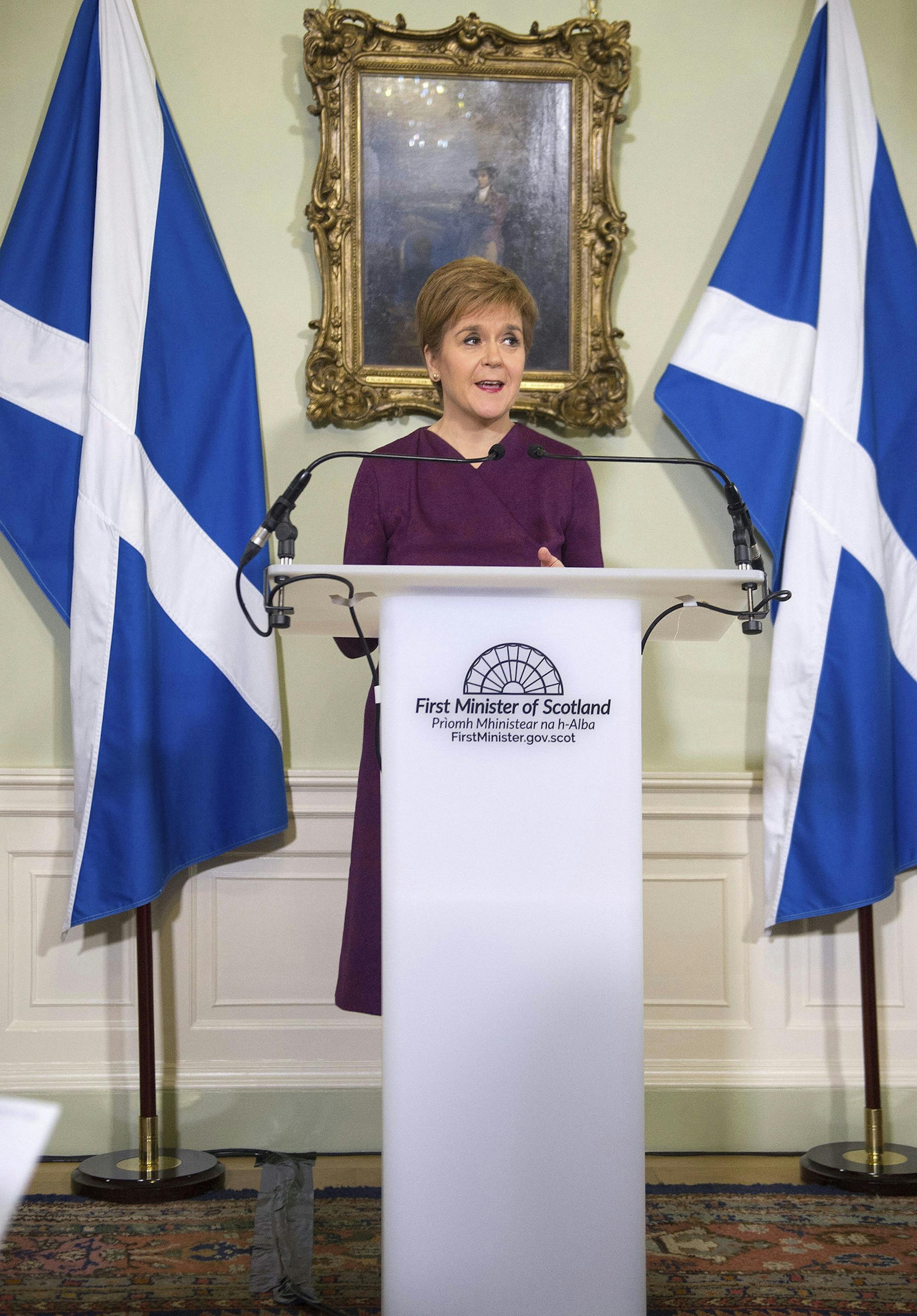 Scotland's First Minister Nicola Sturgeon sets out the case for a second referendum on Scottish independence, during a statement at Bute House in Edinburgh, Thursday, Dec. 19, 2019. (Neil Hanna/PA via AP)