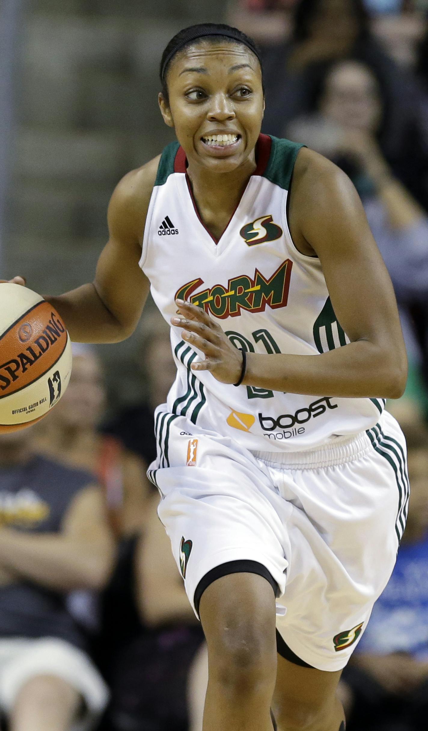 Seattle Storm's Renee Montgomery in action against the Minnesota Lynx in a WNBA basketball game Thursday, June 25, 2015, in Seattle. (AP Photo/Elaine Thompson) ORG XMIT: OTK