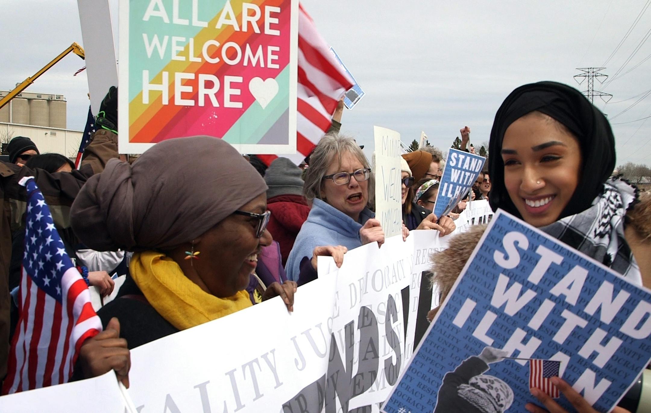 Protestors and supporters of President Trump rallied outside Nuss Truck and Equipment in Burnsville. Burnsville, Minn. Monday, April 15, 2019