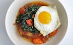 Fried Bread With Greens, Eggs and Smoky Tomato Broth