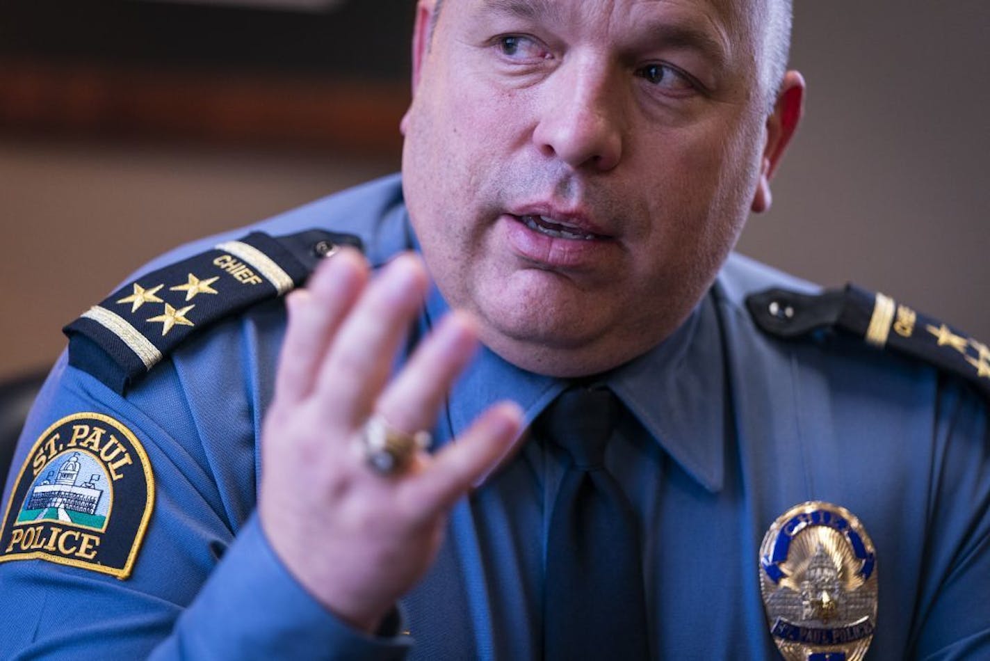 "Officers, by nature, are used to putting others first," St. Paul Police chief Todd Axtell said. "And sometimes we forget to take care of ourselves." Axtell, is seen on Nov. 6, 2019, in his office.