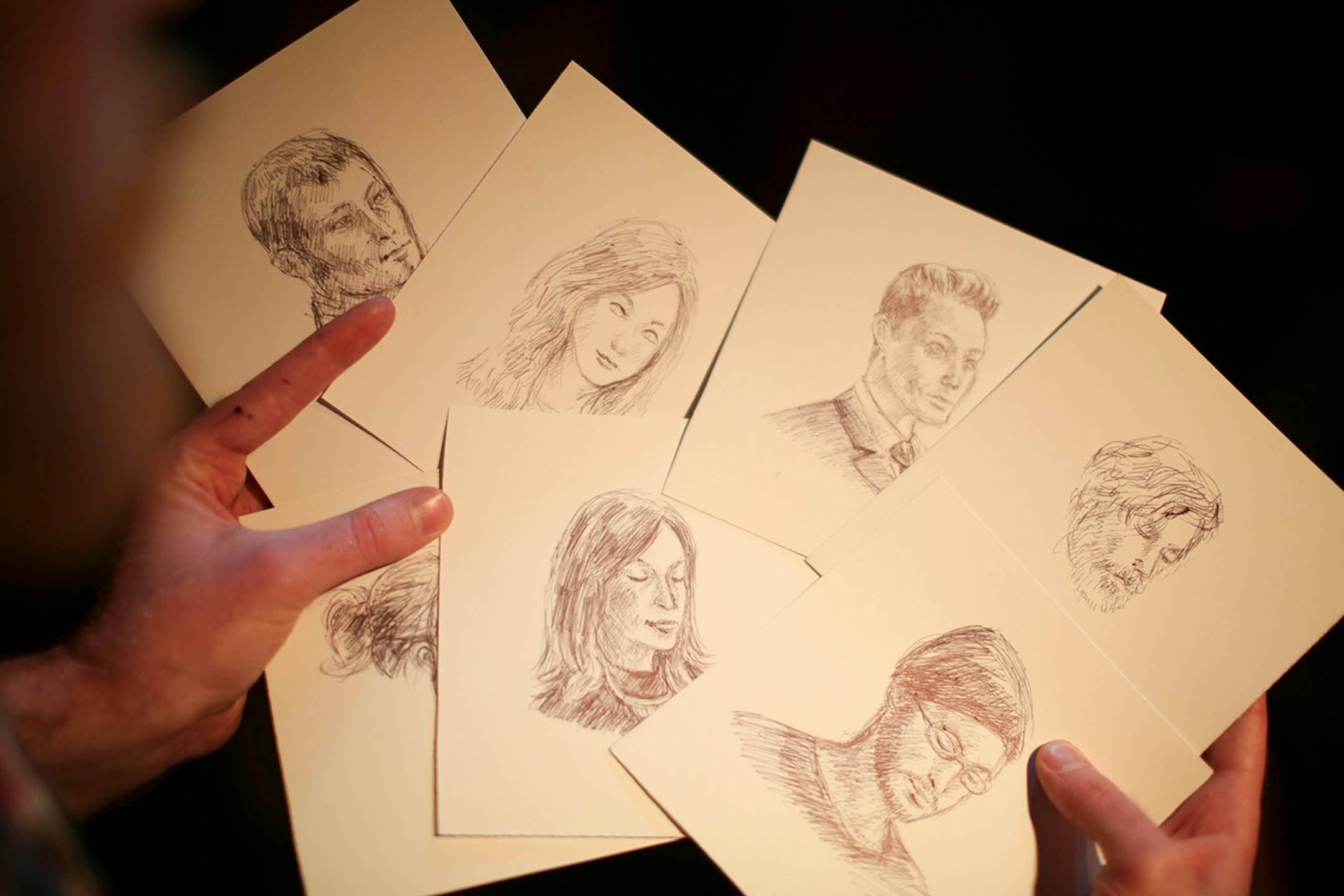 Devin Symons of Washington, DC, sketched the participants in the Literary Death Match Wednesday night at Nomad World Pub. ] JEFF WHEELER ï jeff.wheeler@startribune.com One of the off-site events at the start of the AWP Conference & Bookfair was the Literary Death Match Wednesday night, April 8, 2015 at Nomad World Pub in Minneapolis. Four writers read their work and were judged by a panel of three all star judges.