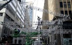 A construction crew assembled the stage Friday for the free Super Bowl Live concert series on Nicollet Mall.