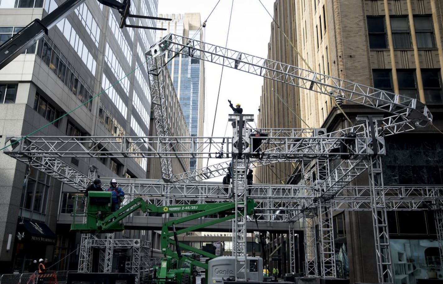 A construction crew assembled the stage Friday for the free Super Bowl Live concert series on Nicollet Mall.