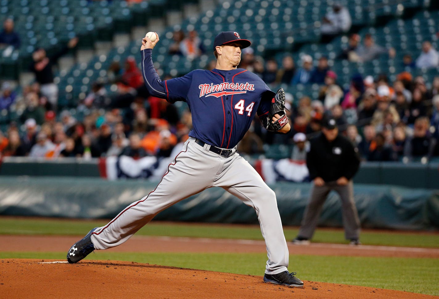 Minnesota Twins starting pitcher Kyle Gibson throws to the Baltimore Orioles in the first inning of a baseball game in Baltimore, Wednesday, April 6, 2016. (AP Photo/Patrick Semansky)