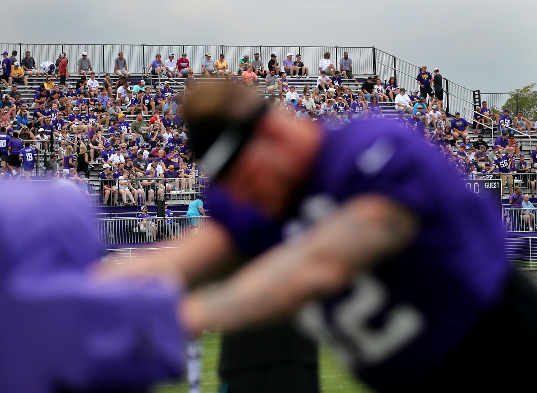 Minnesota Vikings tight end Kyle Rudolph warms up before a joint practice between the Vikings and the Jacksonville Jaguars Thursday, Aug. 16, 2018, at the TCO Performance Center in Eagan, MN.