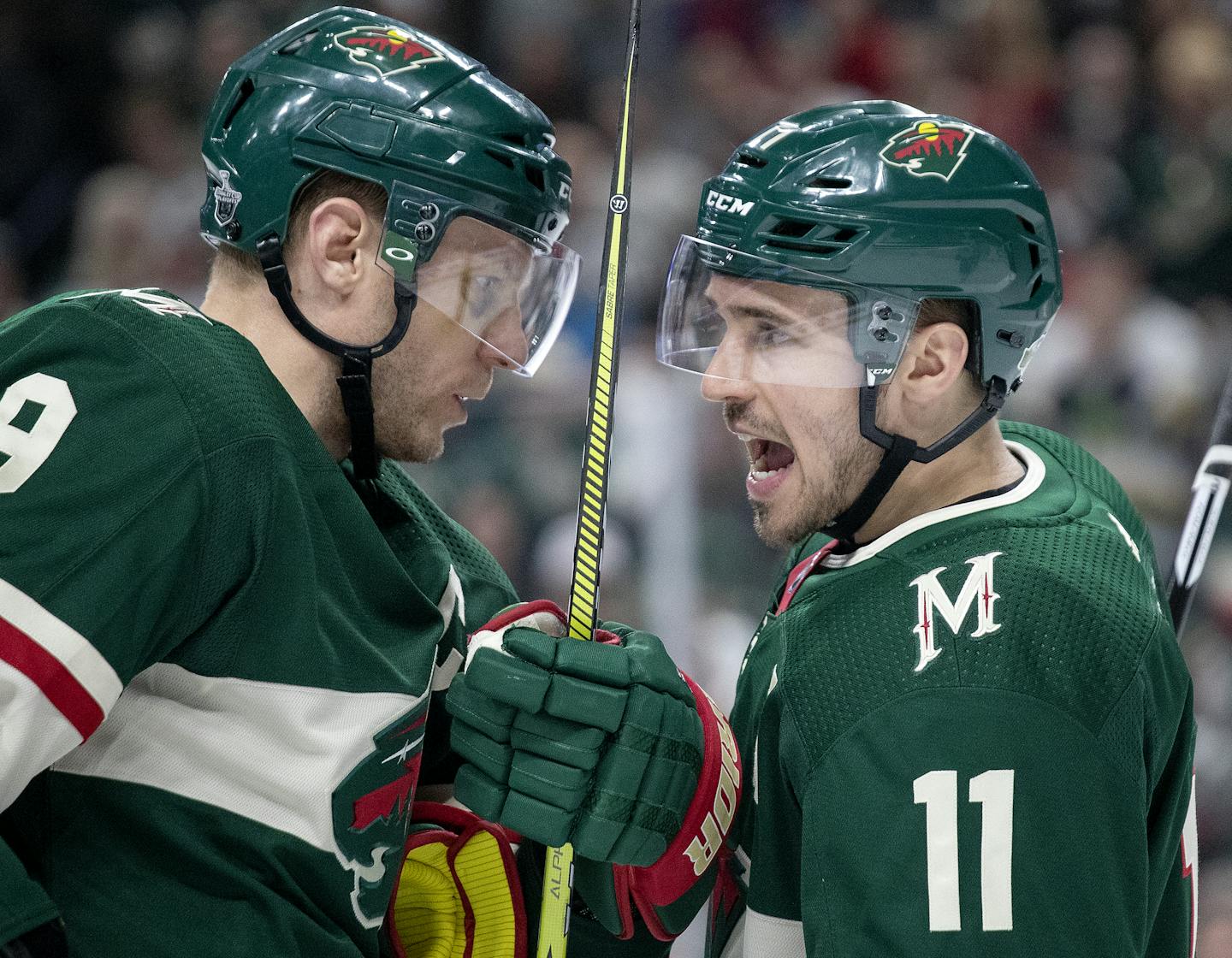 Minnesota Wild Mikko Koivu (9) and Zach Parise (11). ] CARLOS GONZALEZ &#xef; cgonzalez@startribune.com &#xf1; April 15, 2018, St. Paul, MN, Xcel Energy Center, NHL, Stanley Cup Playoffs &#xf1; Game 3, Minnesota Wild vs. Winnipeg Jets