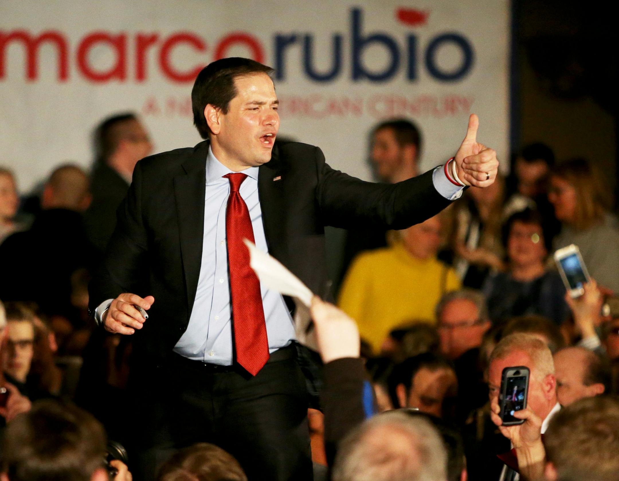 Senator Marco Rubio gave a thumbs up to members of the audience after he shared his vision for A New American Century during his campaign visit Tuesday, March 1, 2016, at the Courtyards of Andover Events Center in Andover, MN.