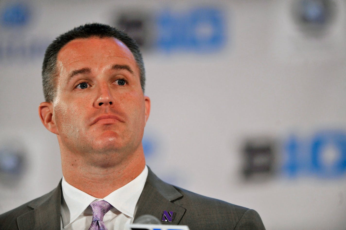 Northwestern head coach Pat Fitzgerald talks to the media during the Big Ten football media days in Chicago, Monday, July 28, 2014. (AP Photo/Paul Beaty)