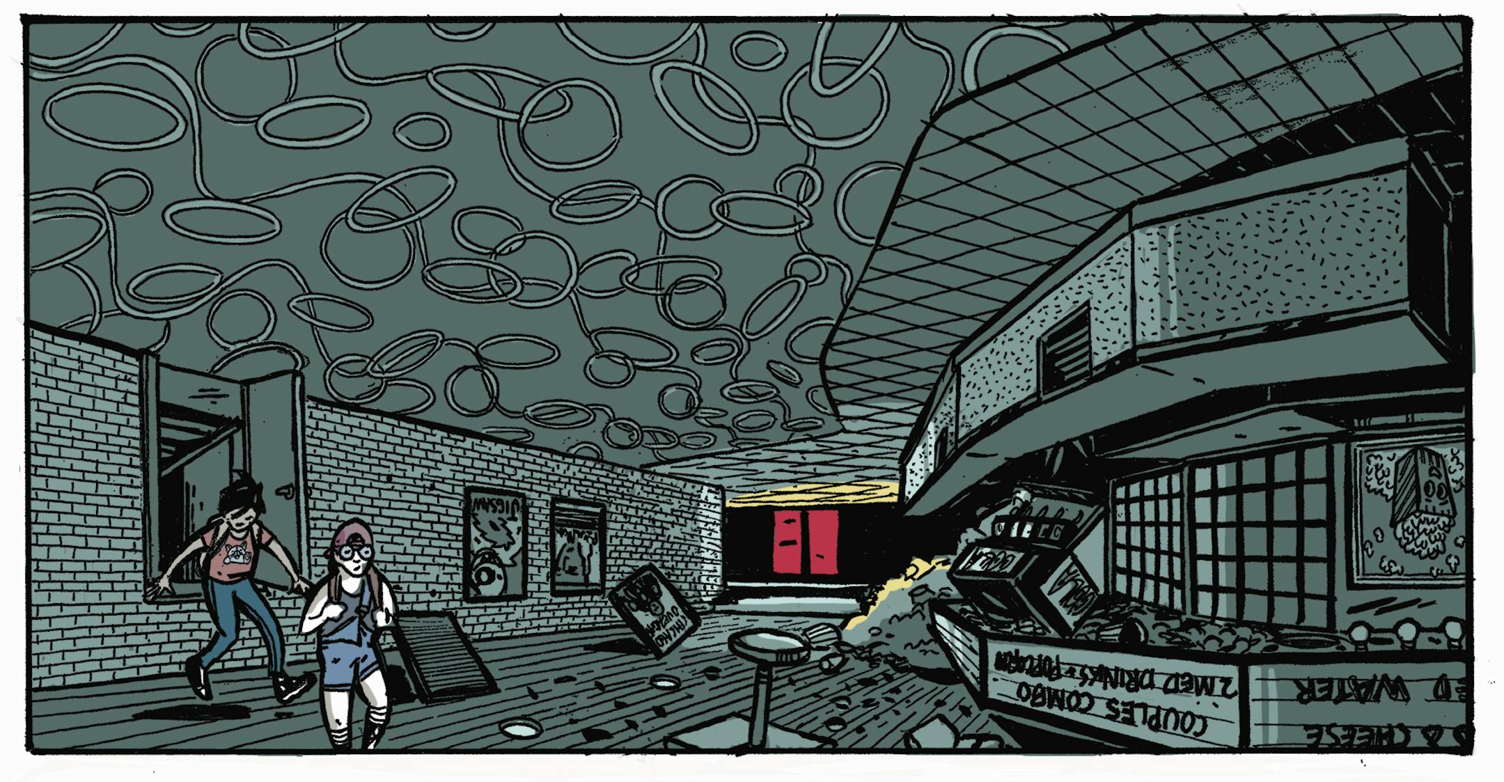 cartoon image of two people in upside-down movie theater