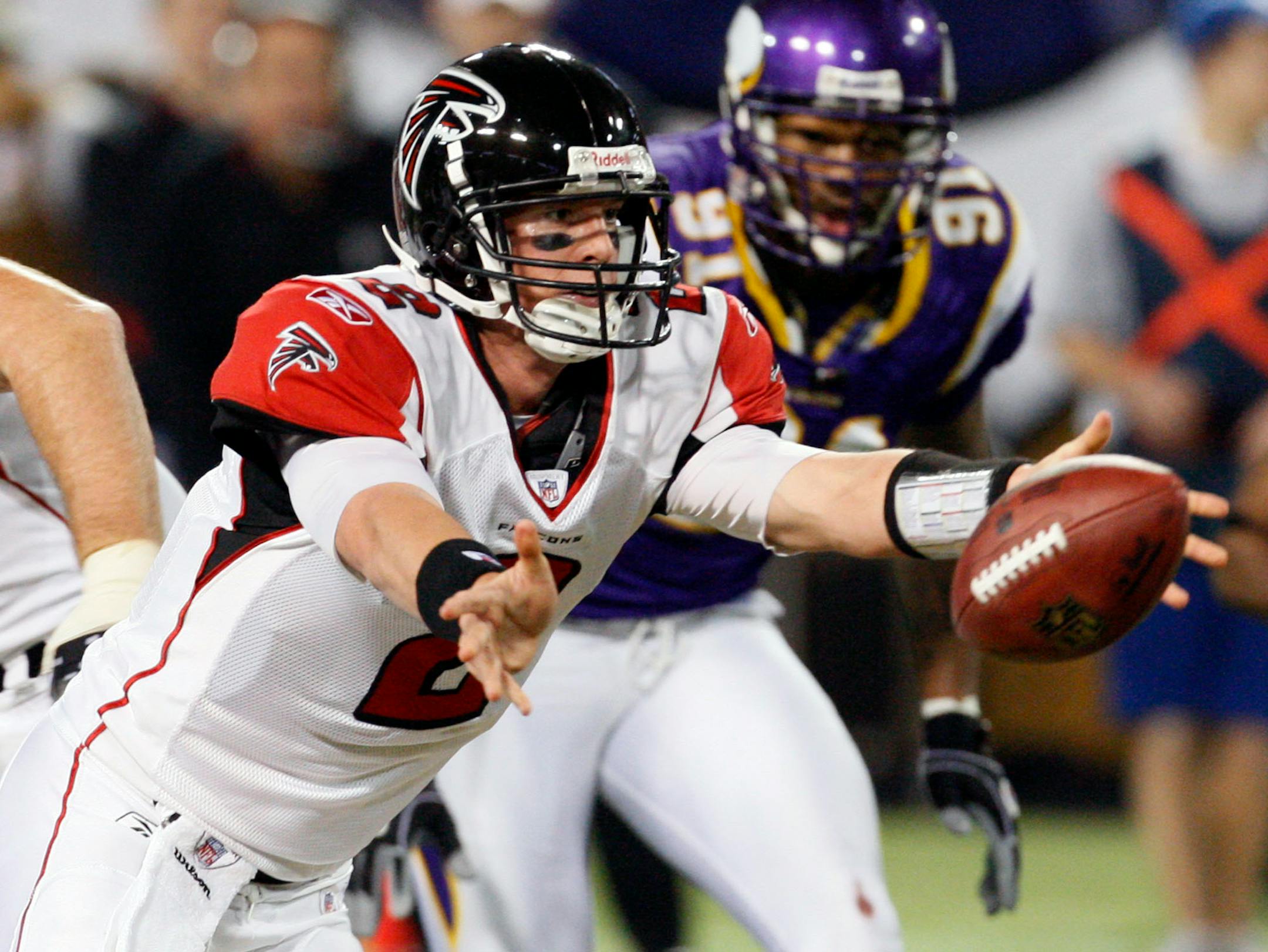 Falcons rookie quarterback Matt Ryan, pitching the ball to running back Michael Turner, passed for only 134 yards Sunday, but managed the game well on the way to a 24-17 victory.