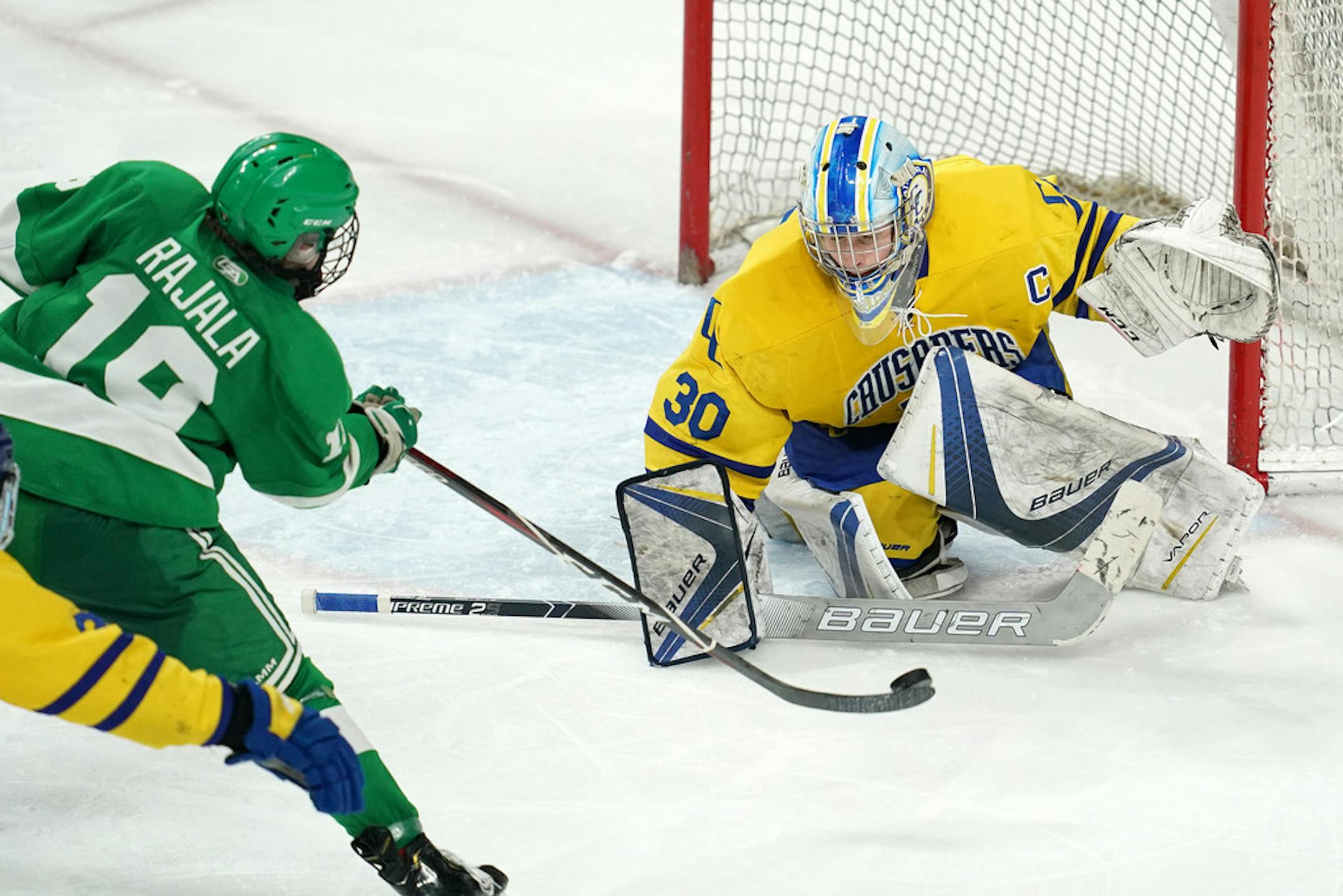 Greenway forward Nikolai Rajala (19) took a shot on St. Cloud Cathedral goaltender Noah Amundson (30) in the third period. Photo: ANTHONY SOUFFLE • anthony.souffle@startribune.com