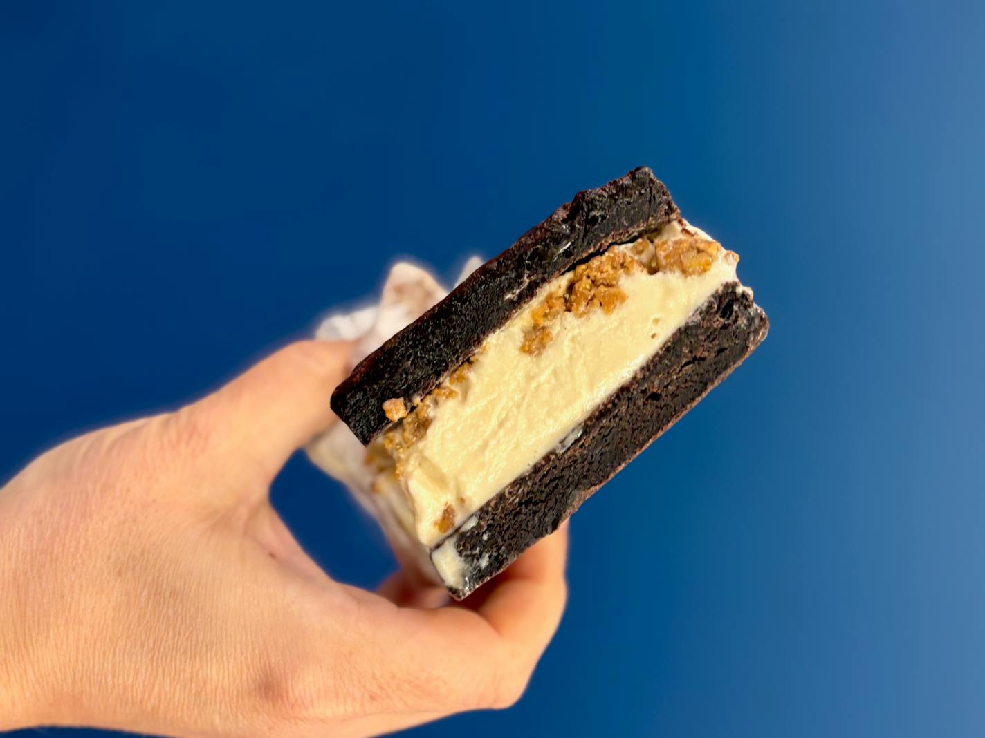 Hot Hands Ice Cream Sandwich, Pretzel ice cream with salted caramel praline on a  brownie.