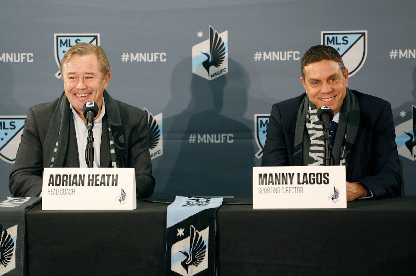 New Minnesota United FC coach Adrian Heath (left) was introduced by club Sporting Director Manny Lagos at a news conference on Nov. 29 at the club's offices in Golden Valley.