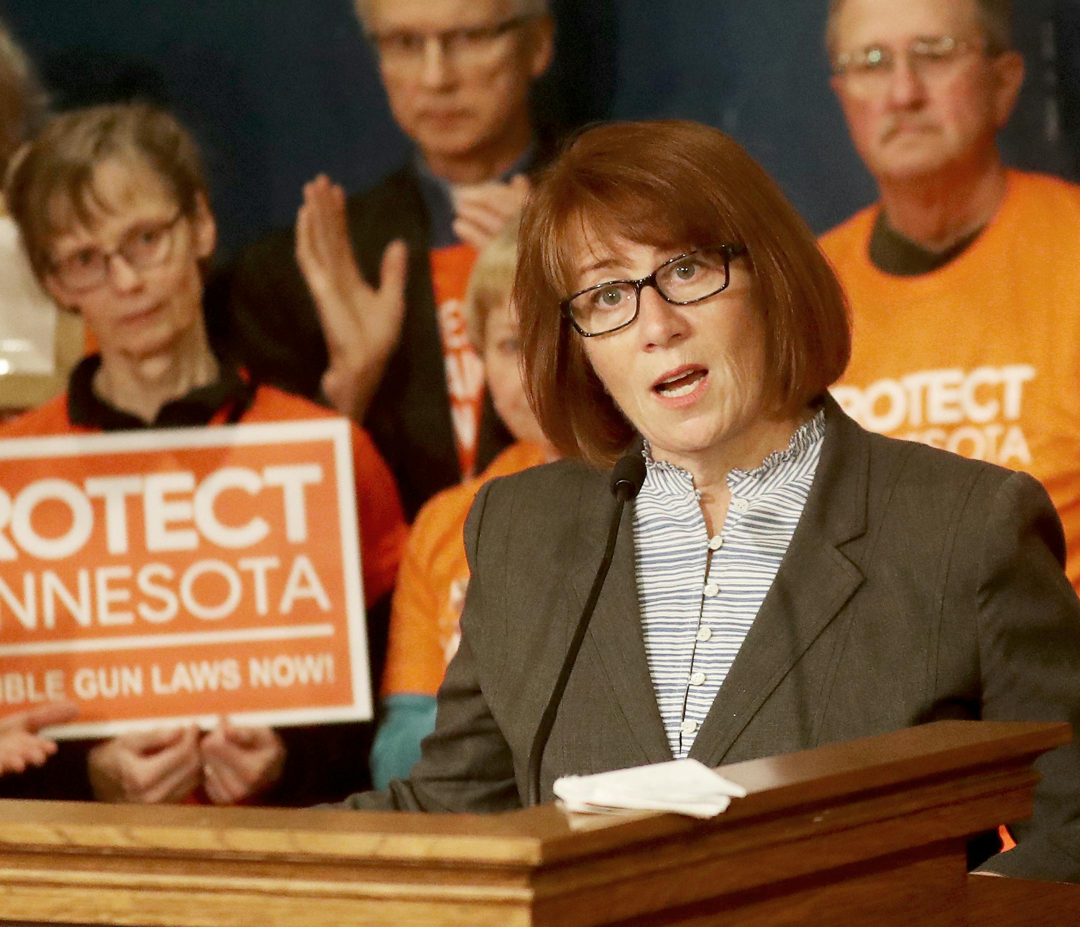 Protect Minnesota rallied at the Capitol in opposition to the Concealed Carry Reciprocity legislation, scheduled for a vote during Wednesday in the U.S. House, MN. Here, Rep. Erin Murphy spoke at the podium during the event Wednesday, Dec. 6, 2017, at the Minnesota State Capitol in St. Paul,MN] DAVID JOLES &#xef; david.joles@startribune.com The U.S. House votes Wednesday on a bill to allow concealed carry reciprocity among states, a controversial measure opposed by the law enforcement community