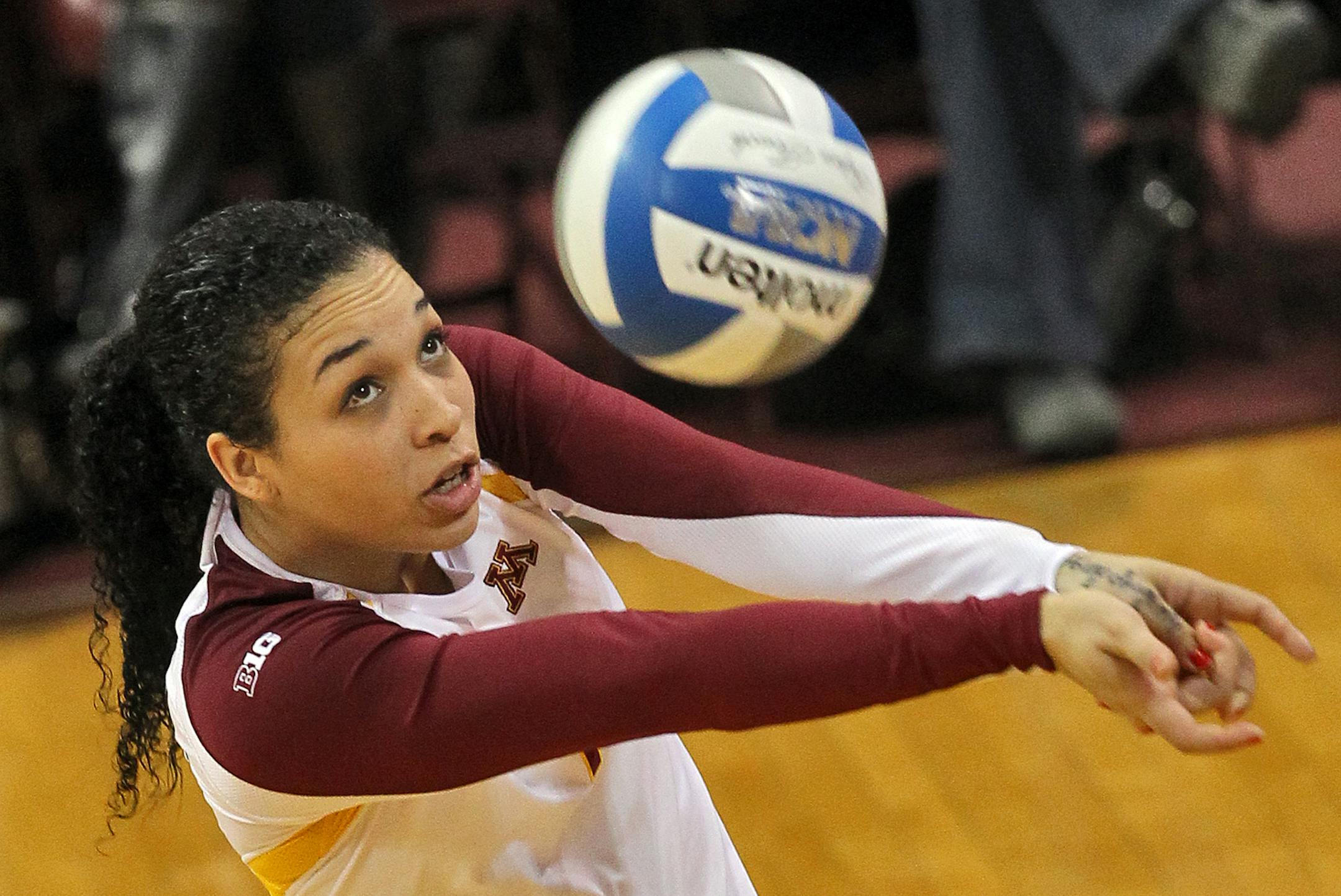 Minnesota Gophers vs. Creighton tournament volleyball. Minnesota won 3-1. Minnesota's Daly Santana stopped a Creighton serve. (MARLIN LEVISON/STARTRIBUNE(mlevison@startribune.com (cq -all names program)