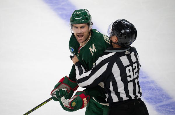 Wild winger Marcus Foligno was upset after a penalty call on Thursday night in a 2-0 victory over Florida at Xcel Energy Center.