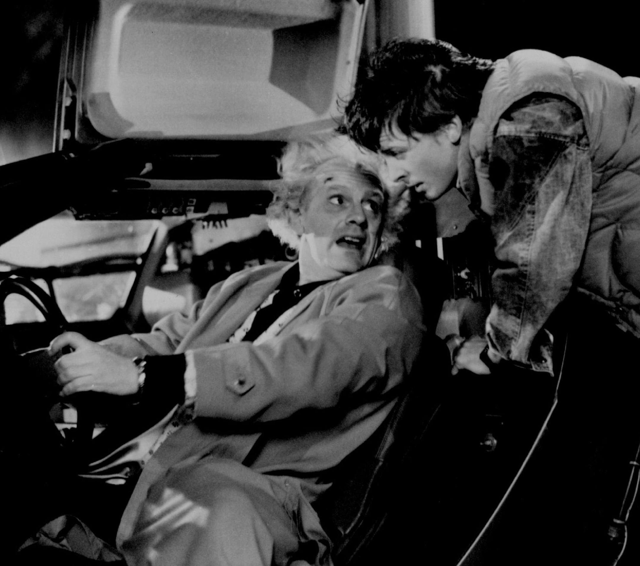 July 1, 1985 Steven Spielberg Presents Back To The Future A Robert Zemeckis Film Inventor Doc Brown (Christopher Lloyd) gives Marty McFly (Michael J. Fox) some last minute time travel instructions. Amblin Entertainment