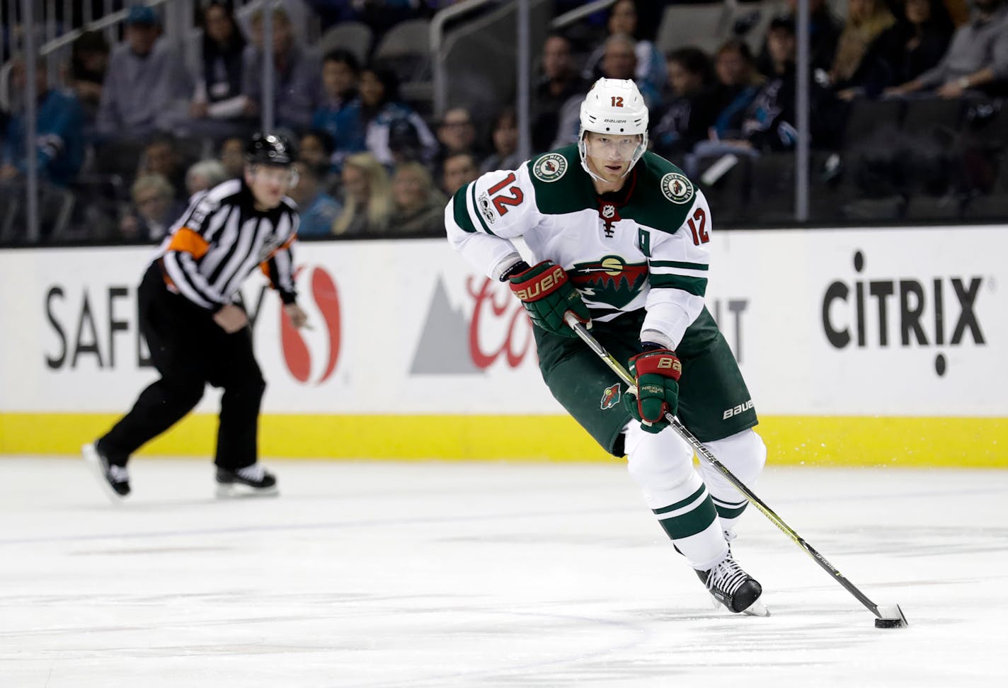 Minnesota Wild's Eric Staal (12) during the first period of an NHL hockey game against the San Jose Sharks Sunday, Dec. 10, 2017, in San Jose, Calif. (AP Photo/Marcio Jose Sanchez)