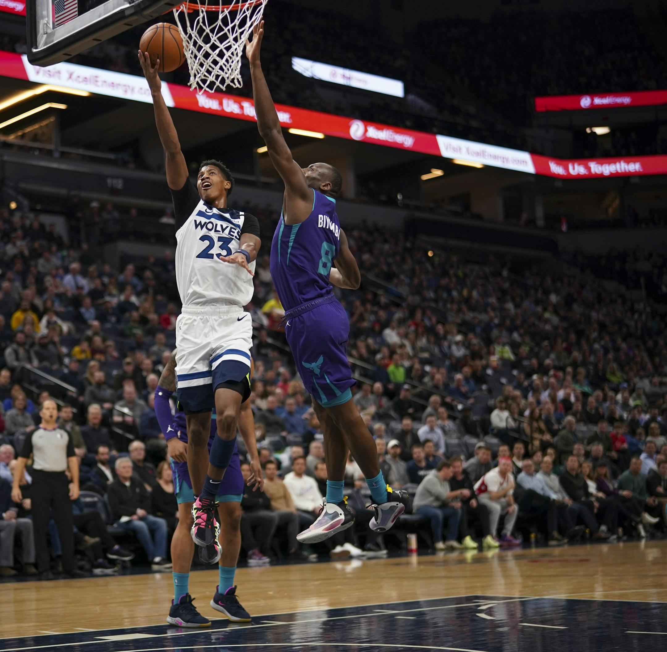 Minnesota Timberwolves guard Jarrett Culver (23) put up a second quarter shot while defended by Charlotte Hornets center Bismack Biyombo (8). ] JEFF WHEELER • Jeff.Wheeler@startribune.com The Minnesota Timberwolves faced the Charlotte Hornets in an NBA basketball game Wednesday night, February 12, 2020 at Target Center in Minneapolis.