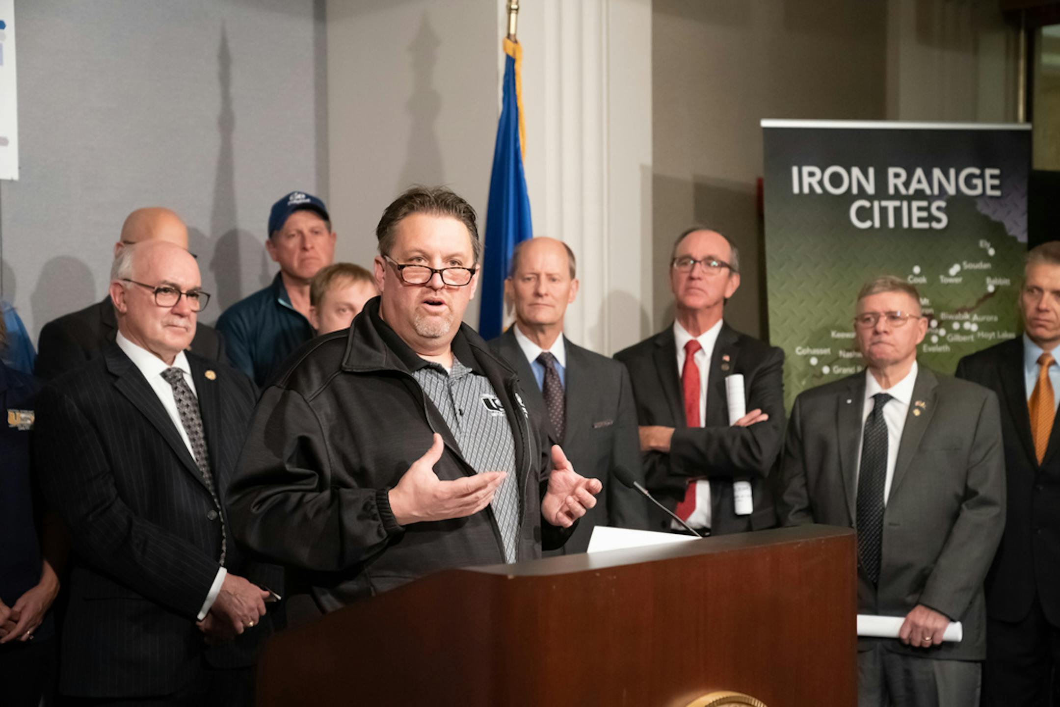 In the State Office Building on Tuesday, pro-mining group Jobs for Minnesotans led a press briefing to show solidarity with the mining company they hope will revitalize the mining industry on the Iron Range. John Arbogast of United Steelworkers spoke.