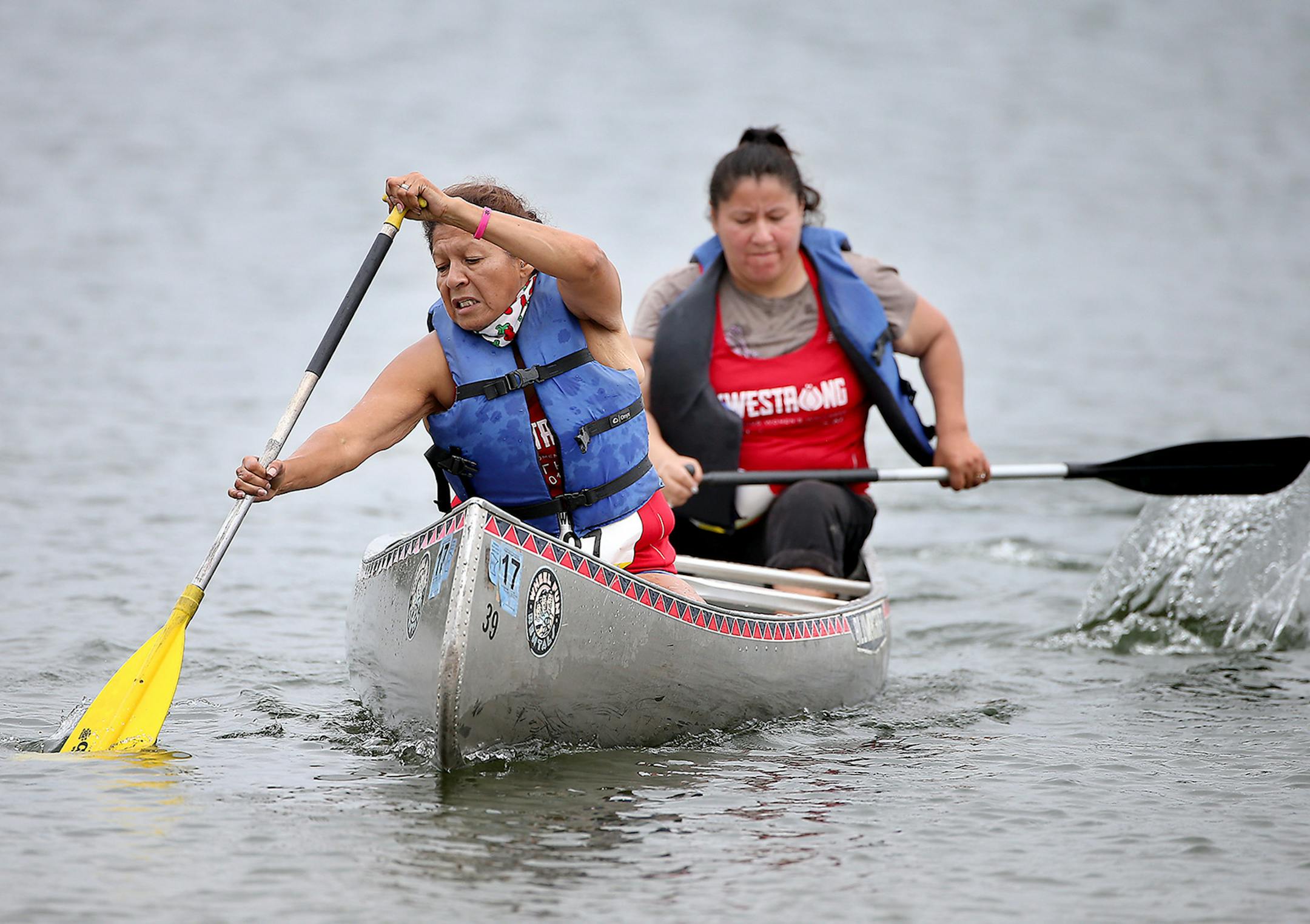 Jane Rea Bruce, left, and Mary Jo Fairbanks made their way across a choppy Lake Calhoun.