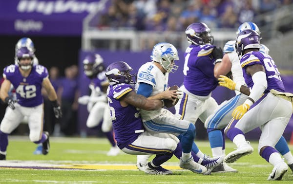Vikings tackle Tom Johnson sacked Lions quarterback Matthew Stafford for a 7 yard loss at U.S.Bank Stadium Sunday 4, 2018 in Minneapolis, MN.
