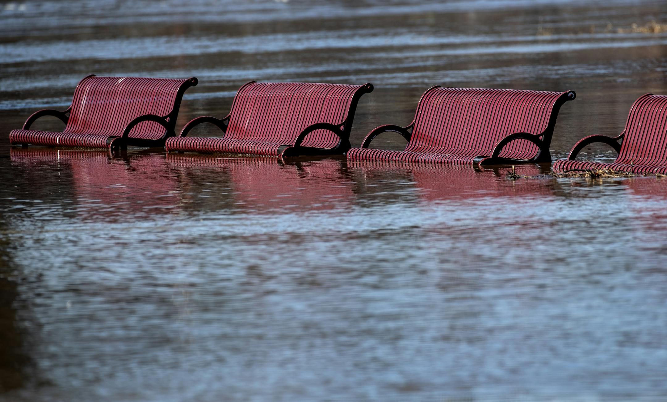 Partially submerged benches at Harriet Island Regional Park on Monday afternoon.
