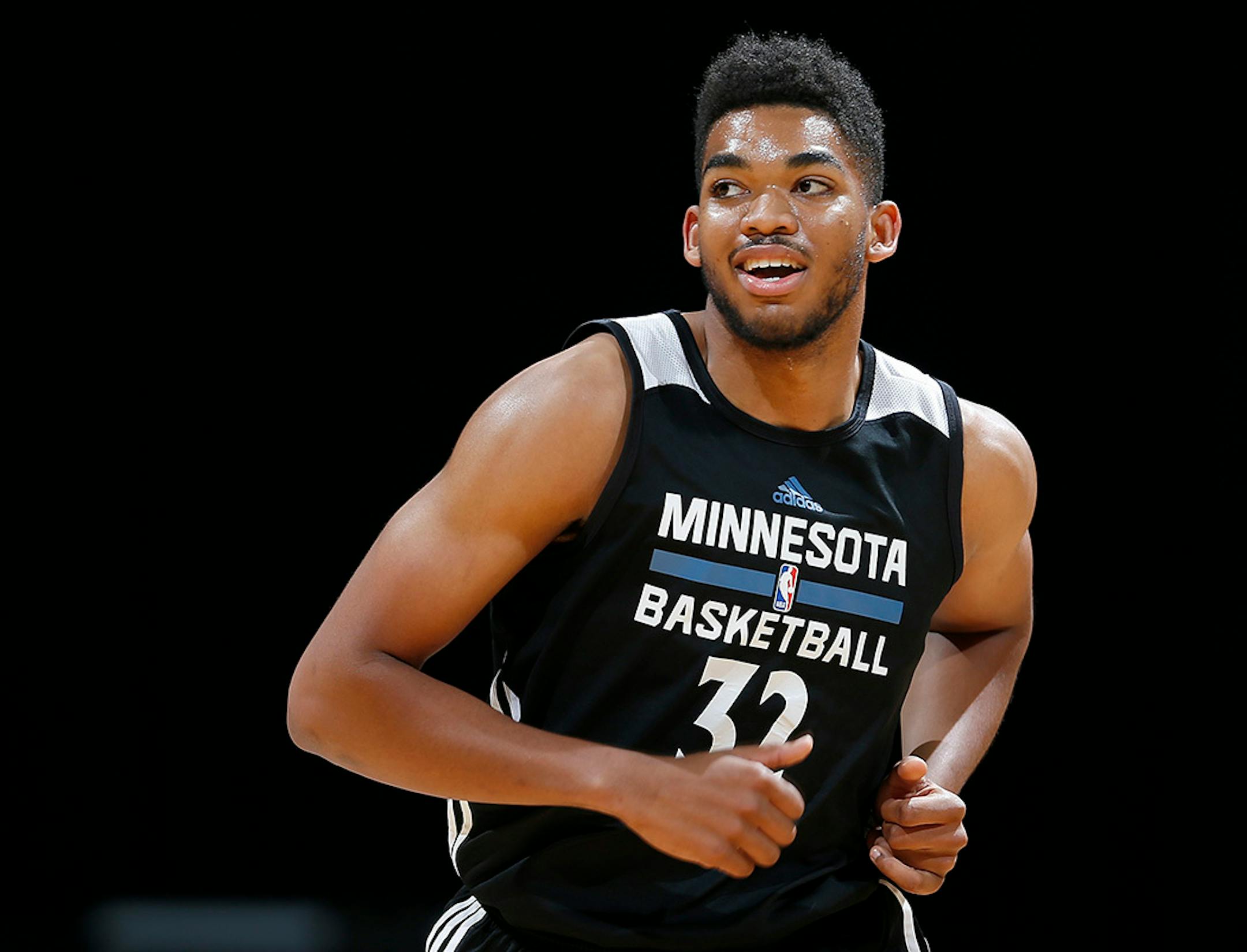 Minnesota Timberwolves first round draft pick Karl-Anthony Towns during a team scrimmage at Target Center.