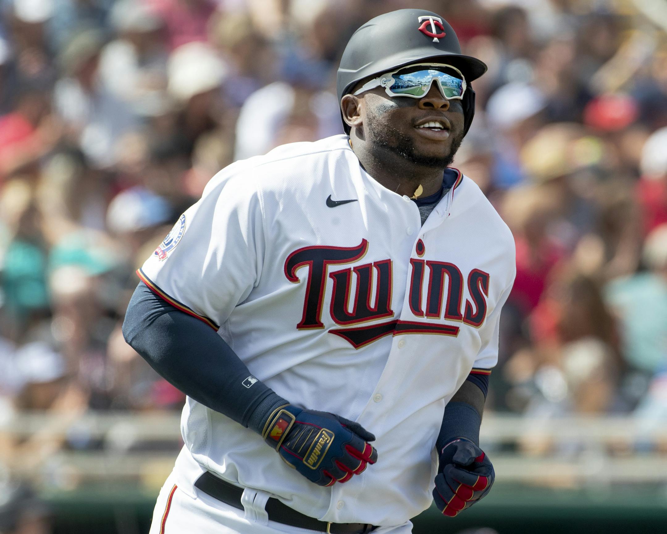 Minnesota Twins' Miguel Sano ran to first base after a single in the second inning. ] CARLOS GONZALEZ • cgonzalez@startribune.com – Fort Myers, FL – February 23, 2020, CenturyLink Sports Complex, Hammond Stadium, Minnesota Twins, Spring Training vs. Toronto Blue Jays ORG XMIT: MIN2002231504511085