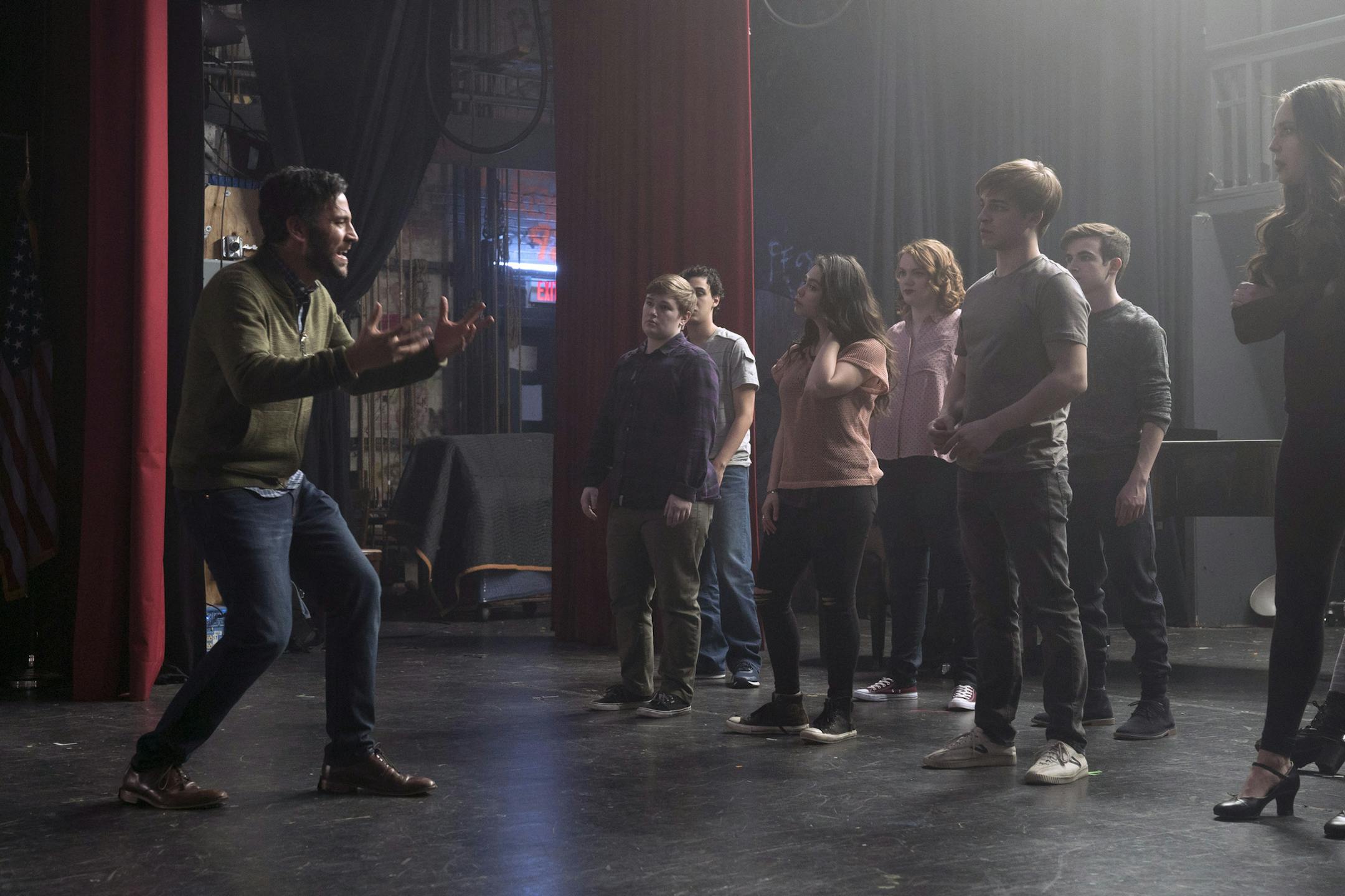 RISE -- "Pilot" Episode 101 -- Pictured: (l-r) Josh Radnor as Lou Mazzuchelli, Ellie Desautels as Michael Hallowell, Auli'i Cravalho as Lilette Suarez, Shannon Purser as Annabelle, Sean Grandillo as Jeremy Middle, Ted Sutherland as Simon Saunders, Amy Forsyth as Gwen Strickland -- (Photo by: Peter Kramer/NBC) ORG XMIT: Season:Pilot