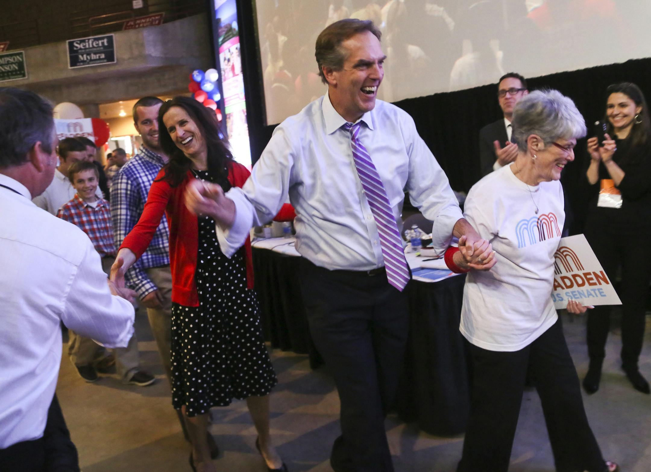 Republican U.S. Senate candidate Mike McFadden walks to the podium with his mother Mary Loretta, right, wife Mary Kate and children before receiving the party's official nomination at the Minnesota Republican Party Convention at the Rochester Civic Center Saturday, May 31, 2014, in Rochester, MN.](DAVIDJOLES/STARTRIBUNE) djoles@startribune.com Minnesota Republican Party Convention at the Rochester Civic Center Saturday, May 31, 2014 ORG XMIT: MIN1405311442010001