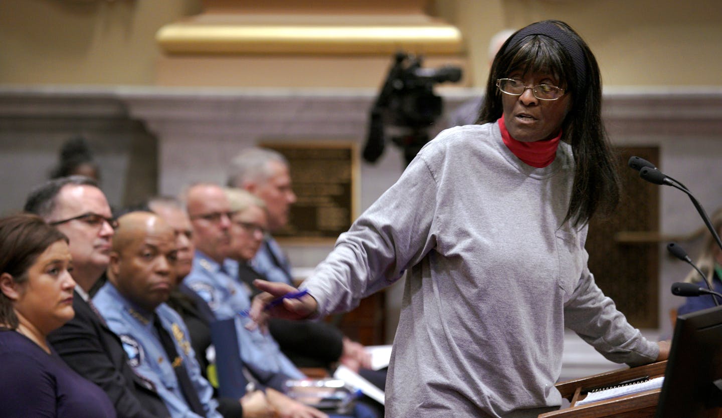 Dozens of residents and activists, including Lisa Clemons here, voiced their concerns at City Hall Wednesday's during a meeting of the public safety &amp; emergency Management committee. The shared stories of mistreatment and harassment at the hands of Minneapolis police officers, while urging the Council to approve a temporary moratorium on traffic stops. MPD Chief Medaria Arradondo, presented statistics showing that the stops are an effective crime-fighting strategy.