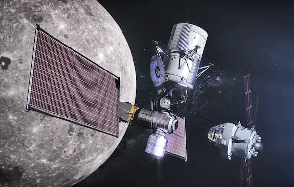 Artist's conception of the Lunar Gateway station, the Lunar Lander and the Orion crew module that would be used to explote the moon beginning in 2022.