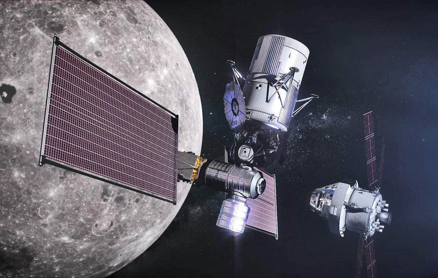 Artist's conception of the Lunar Gateway station, the Lunar Lander and the Orion crew module that would be used to explote the moon beginning in 2022. Image provided by NASA.