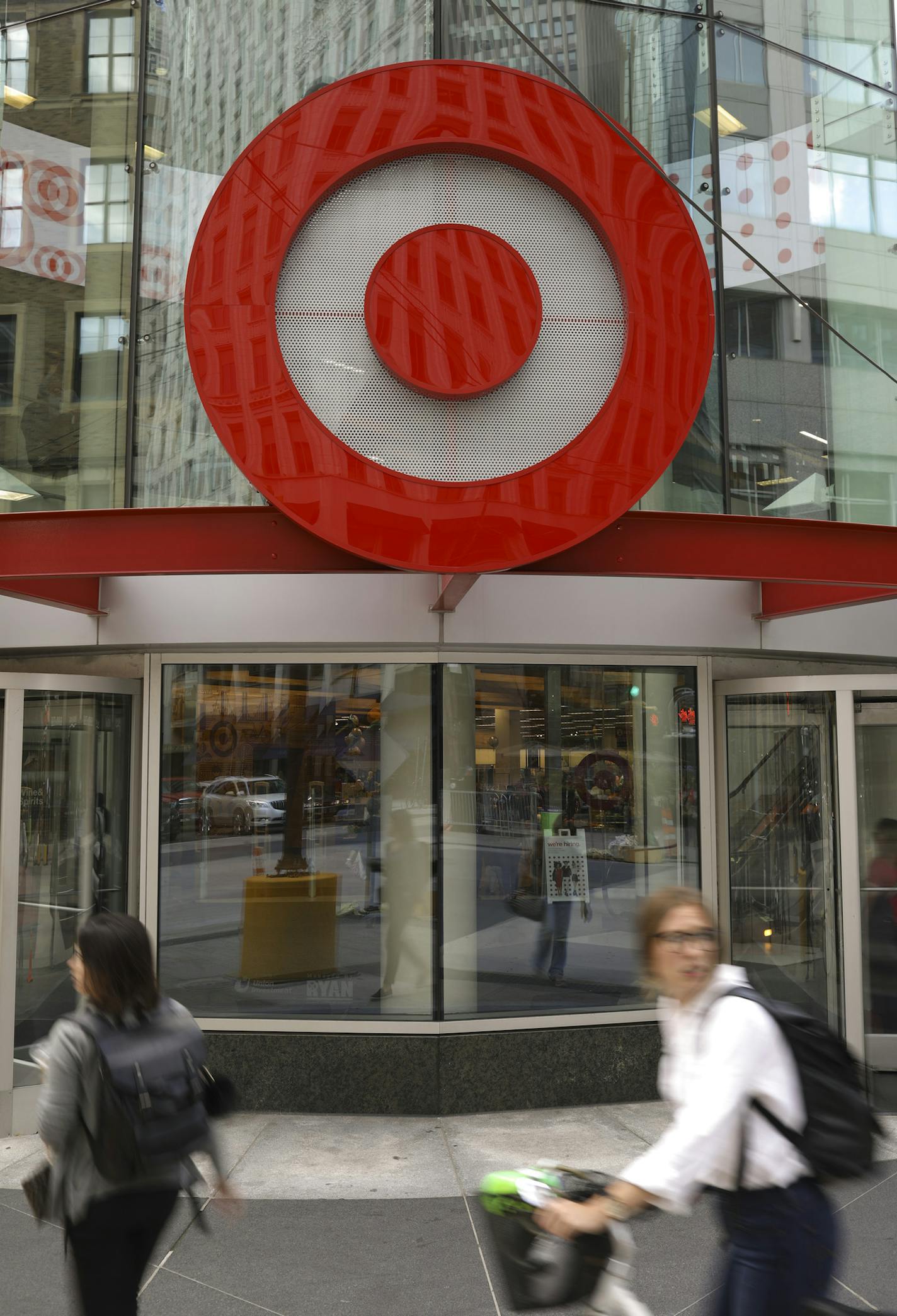 A new bullseye logo on the exterior of newly remodeled Target store downtown. ] JEFF WHEELER &#xef; jeff.wheeler@startribune.com Target's Vice President for Store Planning & Design, Joe Perdew, led a tour of the newly remodeled downtown Minneapolis Target store Monday afternoon, August 14, 2017.