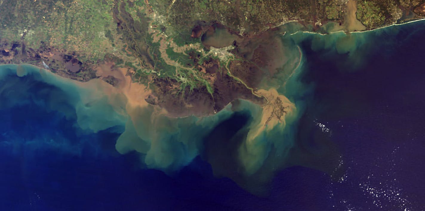 The Gulf of Mexico's hypoxic "dead zone" at the end of the Mississippi River is seen by satellite south of Louisiana in 2017. Credit: National Oceanic and Atmospheric Administration