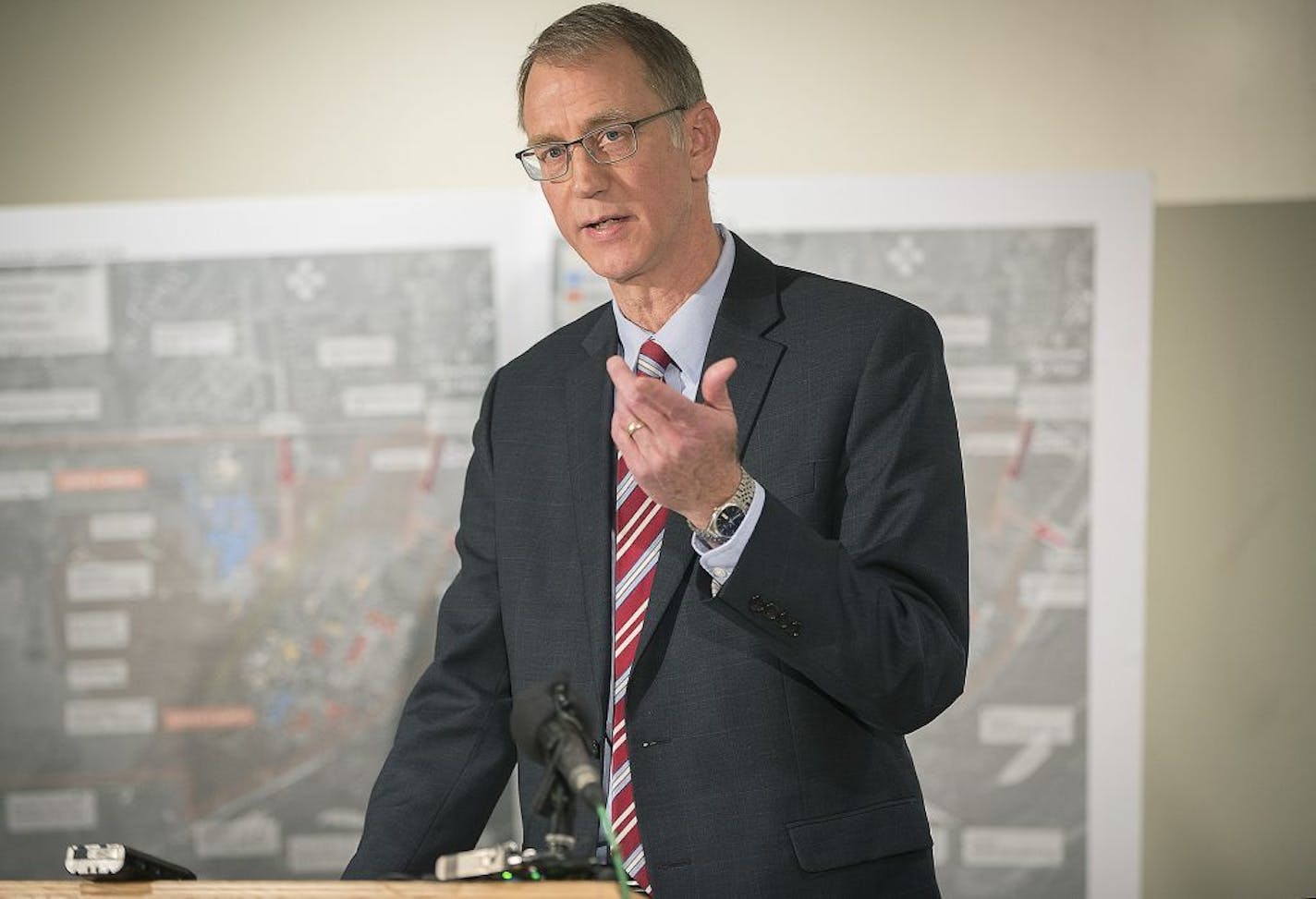 Minnesota Human Services Commissioner Chuck Johnson fielded questions from the media during a press conference before a tour of the St. Peter Regional Treatment Center, Friday, April 6, 2018 in St. Peter, MN.