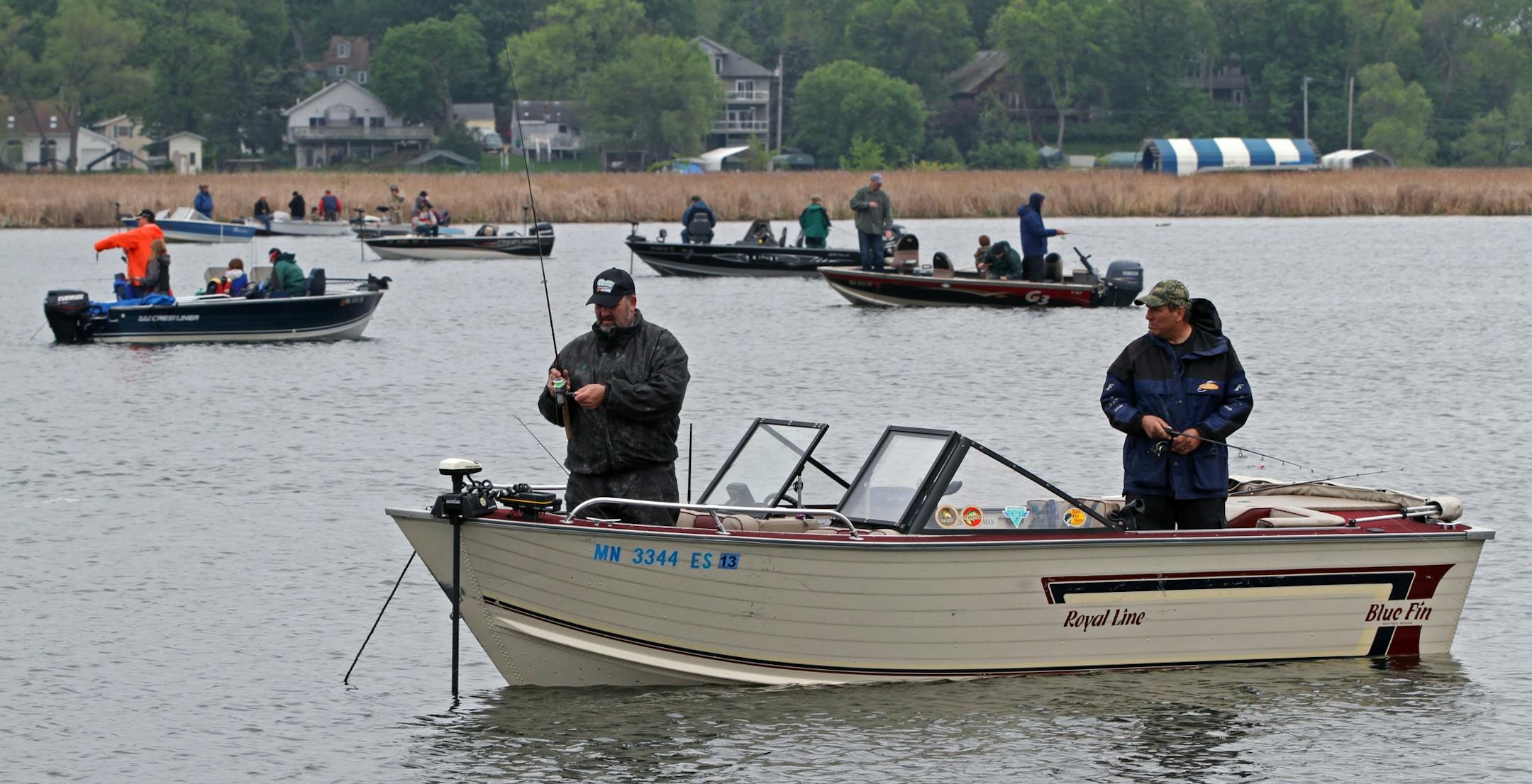 (left to right, front boat) Tim Berthiaume from Ramsey and Curt LaClaire from New Brighton fished in Seaton Lake/Lake Minnetonka during the Minnesota Bound's Crappie Contest on Lake Minnetonka. Under sponsorship by Ron Schara's Minnesota Bound television show, the contest pre-registered over 1000 anglers for the event based out of Lord Fletcher's on Lake Minnetonka, 5/5/12.