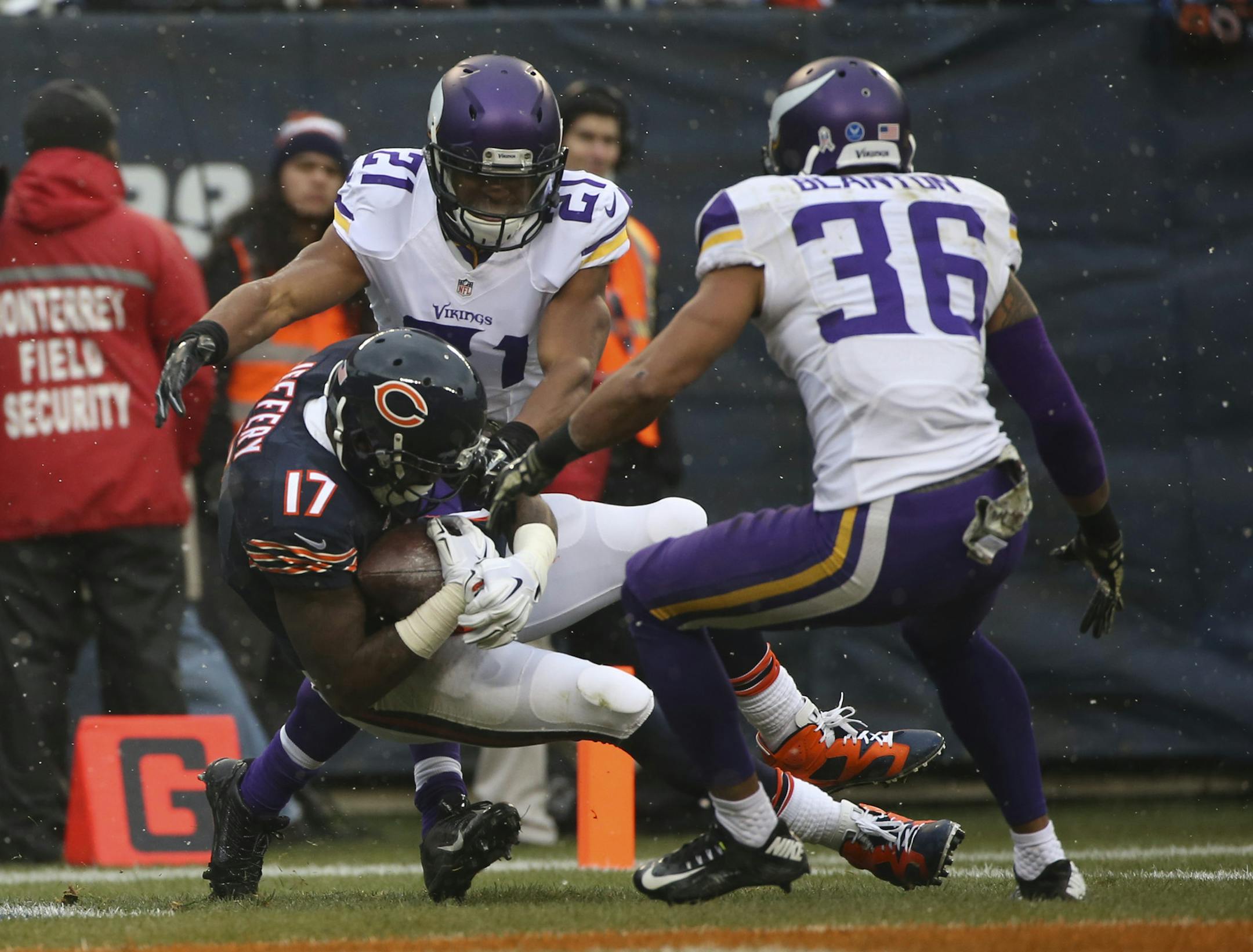 Chicago Bears wide receiver Alshon Jeffery (17) had a 27 yard touchdown reception in between Vikings cornerback Josh Robinson (21) and strong safety Robert Blanton (36) early in the second quarter Sunday afternoon at Soldier Field in Chicago. ] JEFF WHEELER ‚Ä¢ jeff.wheeler@startribune.com The Vikings lost to the Chicago Bears 21-13 Sunday afternoon, November 16, 2014 at Soldier Field in Chicago.