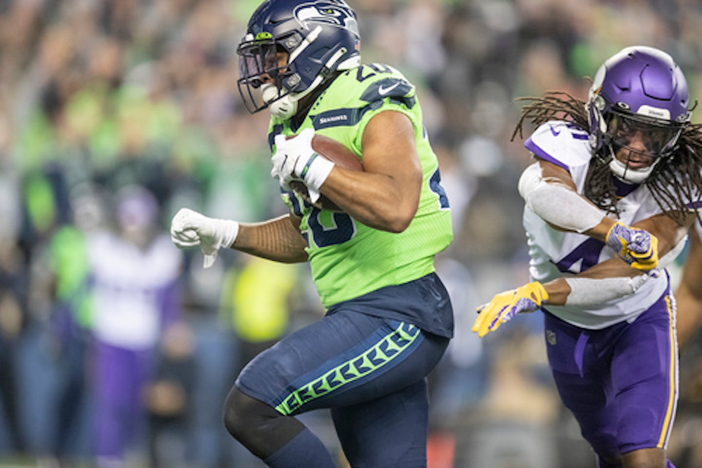 Seahawks running back Rashaad Penny plowed by Vikings defensive back Anthony Harris for a touchdown during the fourth quarter.     ]  ELIZABETH FLORES • liz.flores@startribune.com