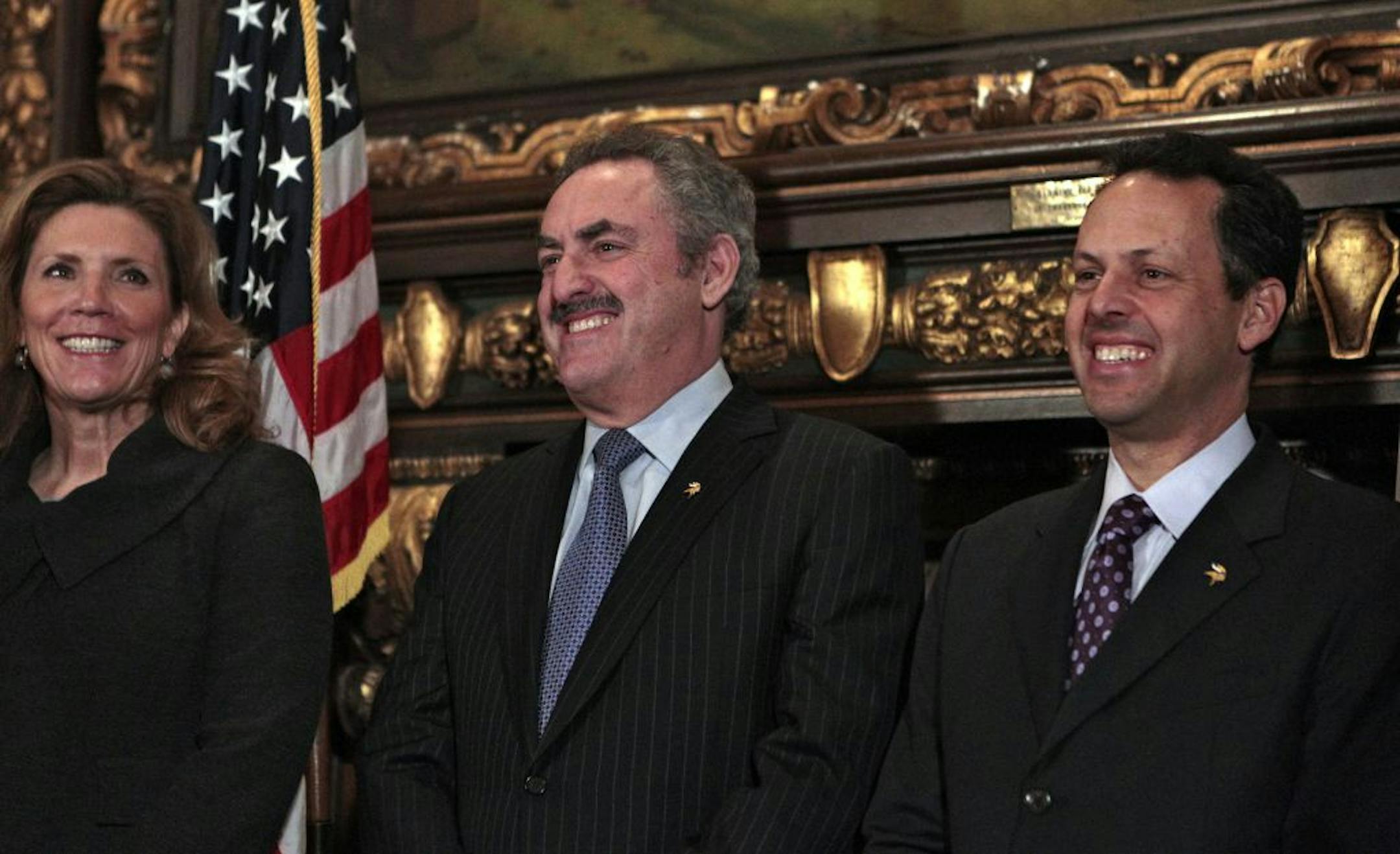 Sen. Julie Rosen appeared with Vikings' owners Zygiy (second from right) and Mark (right) Wilf and others at a news conference at the Capitol to announce an agreement to build a new stadium on the current Metordome site.