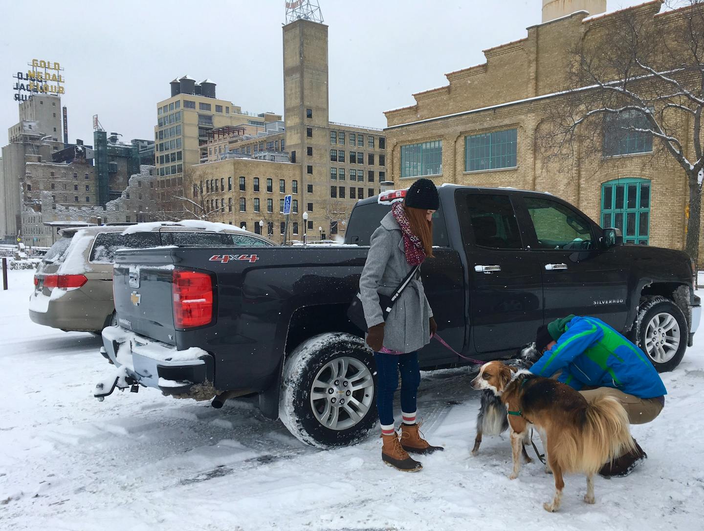 Kevin Clark and Emily Lehman, both of Minneapolis, brought their dogs Finn and Nana downtown for a snowy walk near the Stone Arch Bridge.